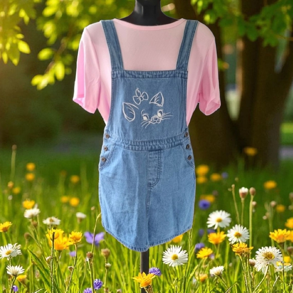 Disney Embroidered Marie Aristocats Denim Skirt Bib Style Overalls